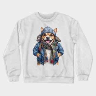 Corgi dog wearing a leather jacket and hat Crewneck Sweatshirt